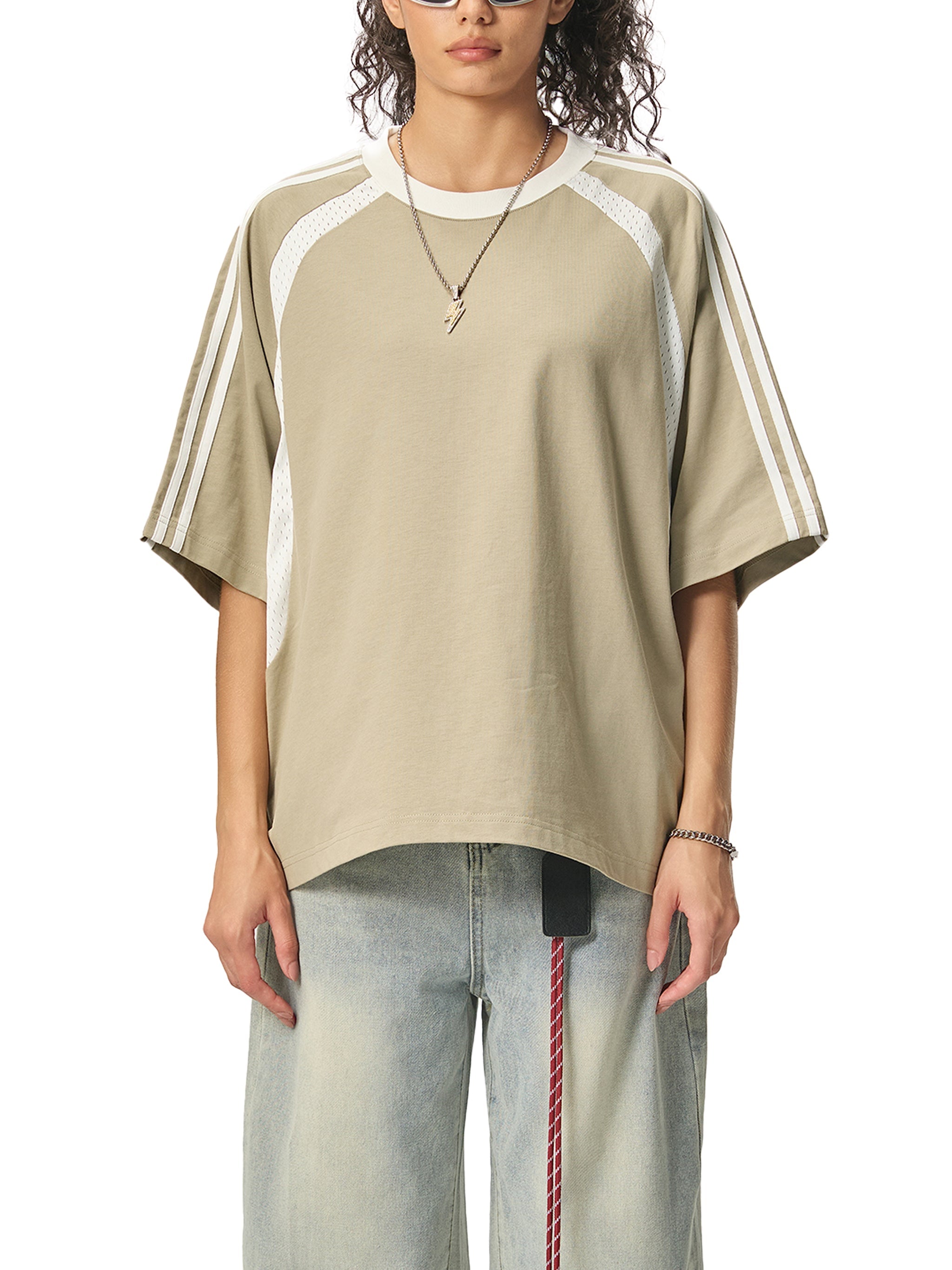 Contrast Stripes Panel Mesh T-shirt ODMPOD