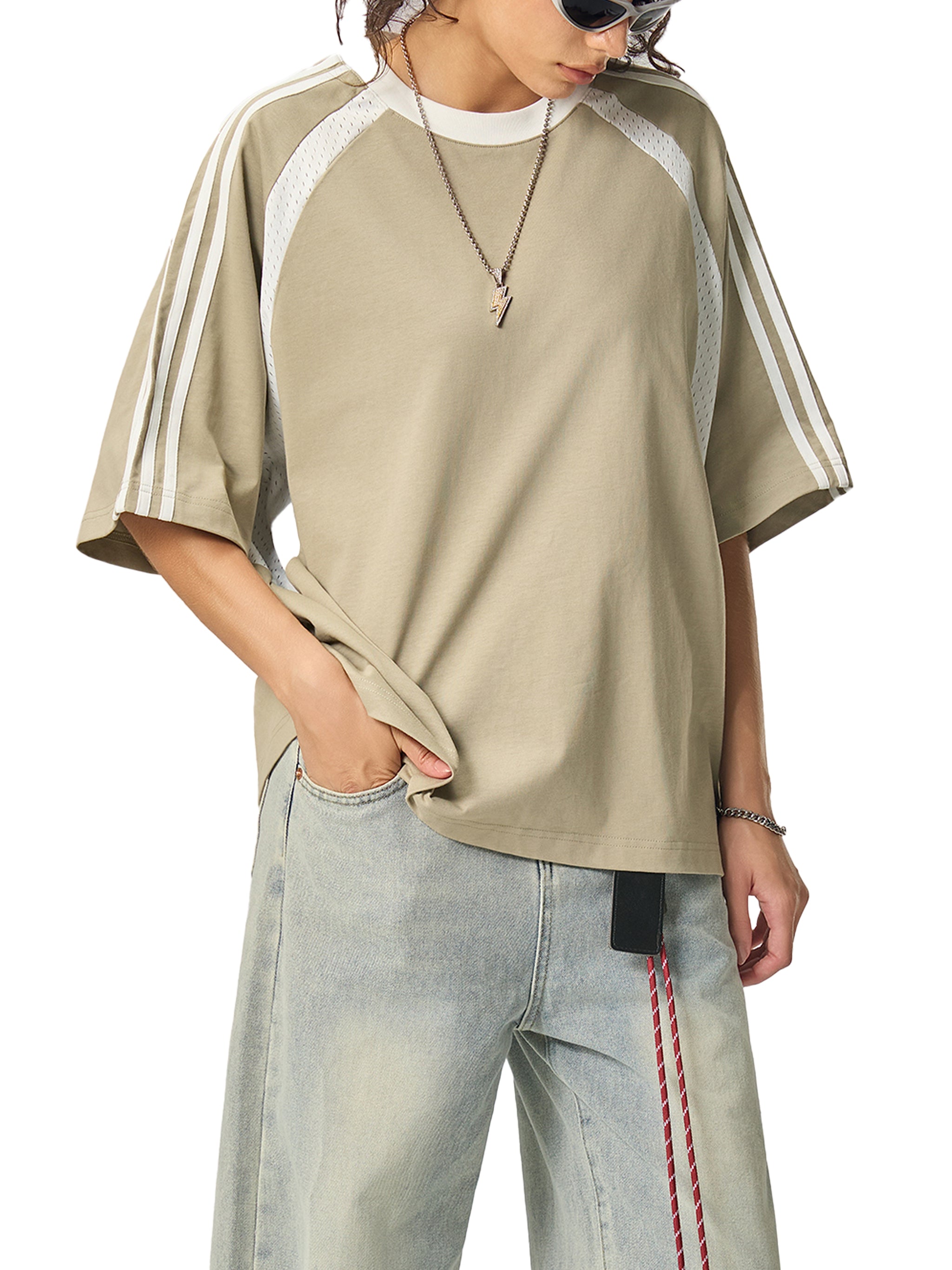 Contrast Stripes Panel Mesh T-shirt ODMPOD